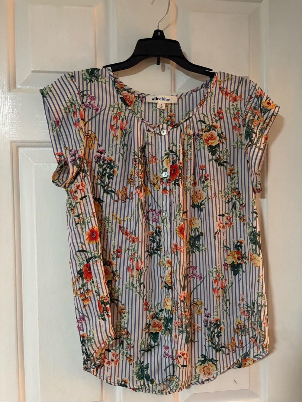 Alice Blue Striped Floral Cap-Sleeve Blouse in White and Navy